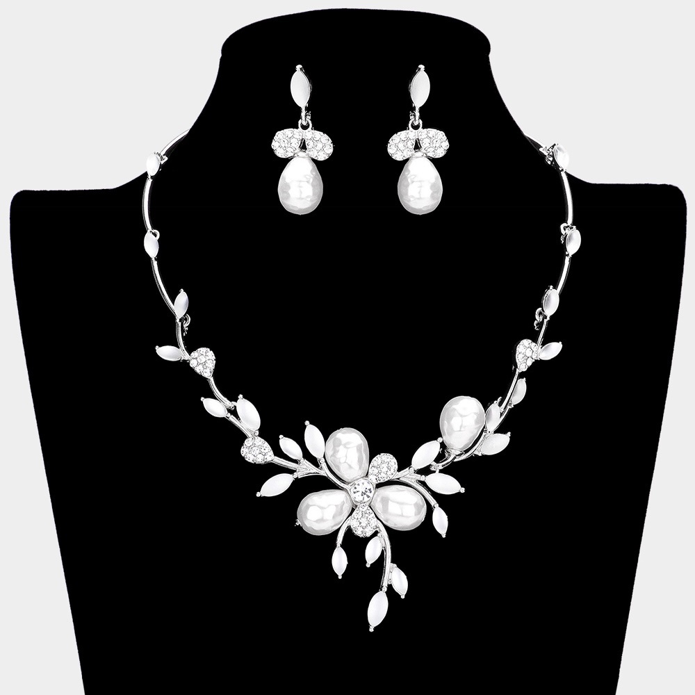 White Teardrop Pearl Accented Leaf Cluster Statement Necklace